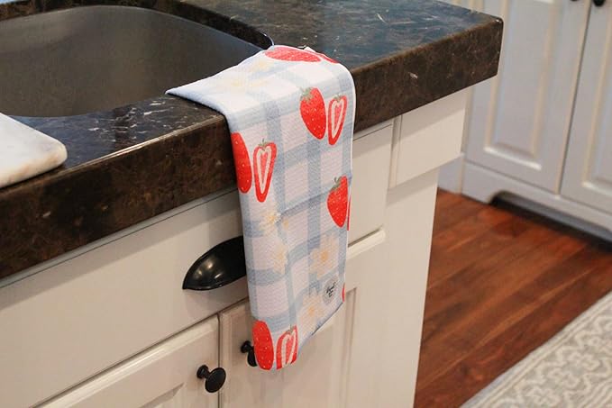Desert Aqua 2 Pack Double Sided || Not Your Ordinary Kitchen Towels || Dish Towels || Quick Dry || Waffle Weave Microfiber || Highly Absorbent || Hanging Hook (Strawberry)