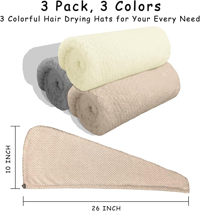 YHPDYL 3 Pack Microfiber Hair Towel Wrap for Women, Fast Drying Hair Turban with Button, Anti-Frizz Large Hair Towel for All Hair Styles, Soft & Absorbent Hair Drying Towel(White,Khaki,Grey)