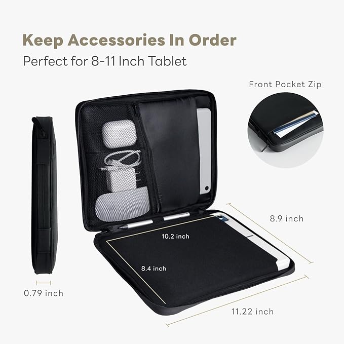 eiP 8-11 inch Waterproof Slim Tablet Carring Case with Handle Sleeve Bag for iPad Pro 11 inch/iPad 7/8/9 10.2 inch/iPad Air 5,4 10.9 inch/Pixel Tablet/Samsung Tab, Fit Keyboard and Pen, Black