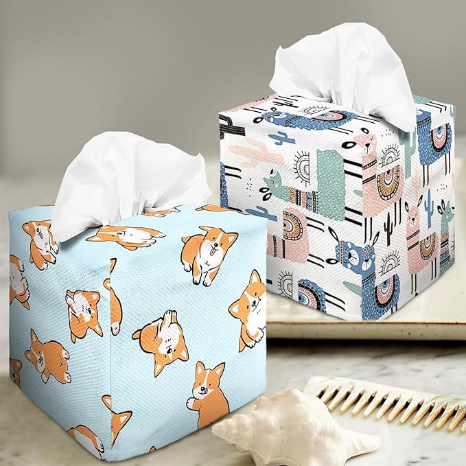Tissue Box Cover Square Decorative Tissue Box Holder Cute Funny Cube Tissue Case Cover-Corgi Tissue Box Cover