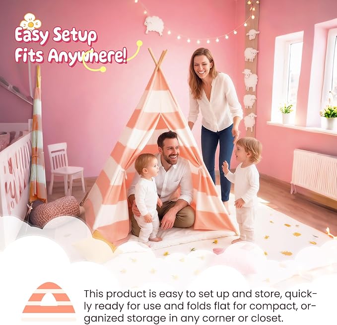 xiaowantong Teepee Tent for Kids with Padded Mat, Lights, and Carry Bag, Washable Playhouse for Indoor Use, Ideal Play Tent for Girls and Boys, Stripe Pink