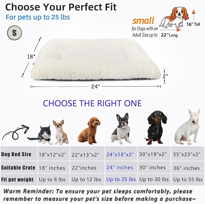 Small Dog Bed for Crate 24 x 18 Ultra Soft Crate Pads for Dog Cages Washable & Anti-Slip Kennel Pad for Dogs Cozy Sleeping Mat Cushion Pillow，Beige 24inch