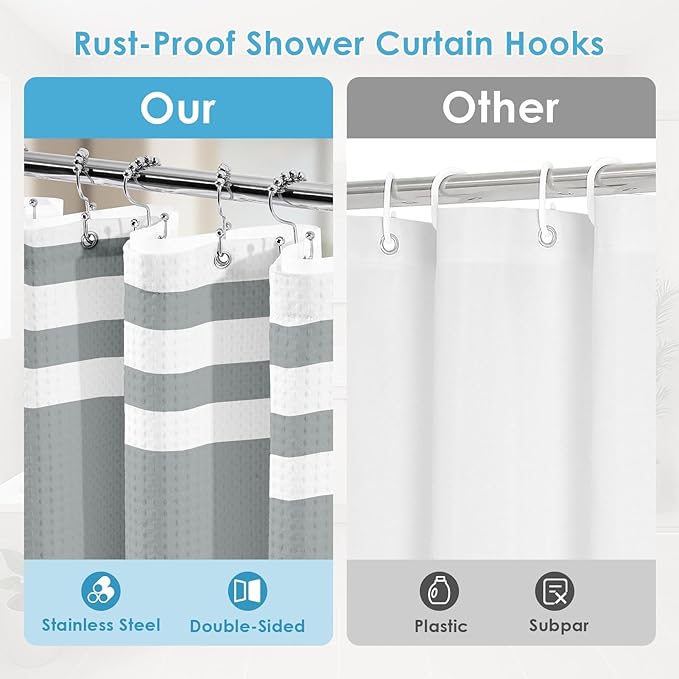 Nesphy Shower Curtain and Liner, Grey Striped 3 in 1 Shower Curtain and PEVA Liner Set with 12 Rust-Resistant Metal Hooks, Waterproof Fabric Shower Curtains for Bathroom, 72 W x 72 H