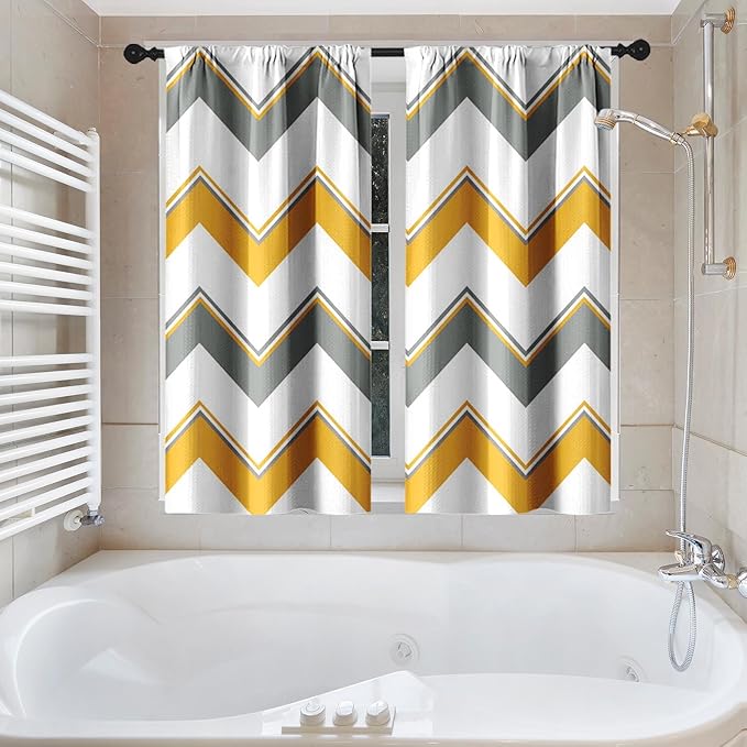 Culudea Chevron Striped Yellow Gray Modern Waffle Textured Cloth Shower Curtain Set, Zig Zag Wave Farmhouse Bathroom Window Waterproof Shower Curtains for Bathroom Decor