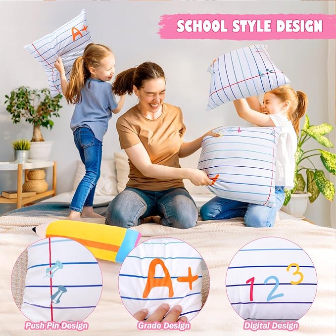 2 Pcs Cute Notebook Pencil Pillows Kids Classroom Large Plush Throw Pillow Back School Creative Stuffed Cushion for Teacher Home Reading Room Sofa Decor Student School Birthday Party Gift Supplies