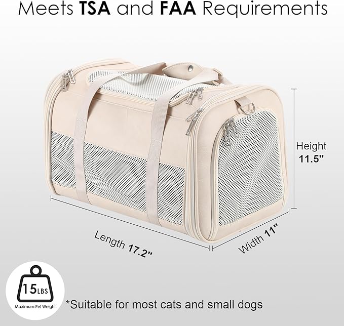 Monanller Fashion Leather Dog Carrier, Airline Approved Cat Carrier Soft Sided Pet Bag Carrier Purse for Puppy Kitten Small Animals White