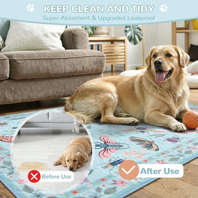 Lahome Washable Reusable Pee Pads for Dogs - Blue Butterfly & Insect Print 2 Pack Puppy Pads, Super Absorbent & Waterproof Training Mats for Crate & Floor - Leakproof with Non-Slip Backing (36"x36")