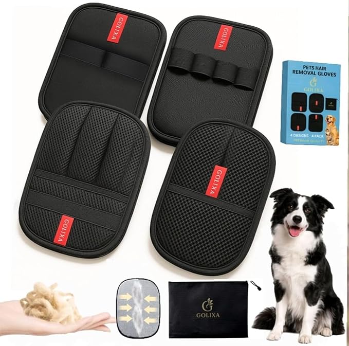 GOLIXA 4+1 Pack Pet Hair Remover Glove for Cats and Dogs, 4 Designs Electrostatic Pet Hair Removal Gloves Brush for Pets Hair, Best Animal Reusable Cats & Dogs Grooming Gloves for Hair Removal