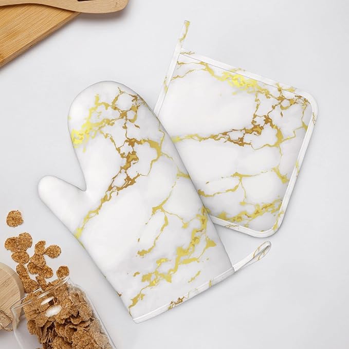 Marble Oven Mitts Pot Holders Set Silicone White Gold Kitchen Gloves Potholders Heat Resistant for Chef Baking Cooking Grilling BBQ 4 Pack Mitt
