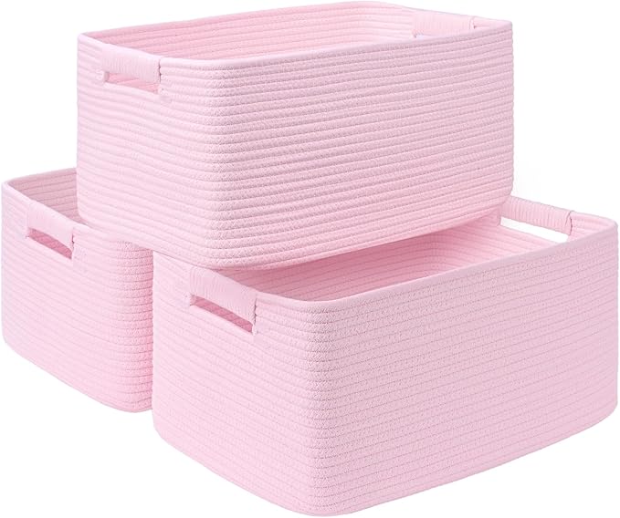 3 Pack Large Storage Basket for Organizing, 17.5"x13.5"x7.5" Woven Basket for Shelves, Closet Cube Storage Bins with Wrapped Handle, Cotton Rope Baskets for Kitchen, Clothes, Toys(Light Pink)
