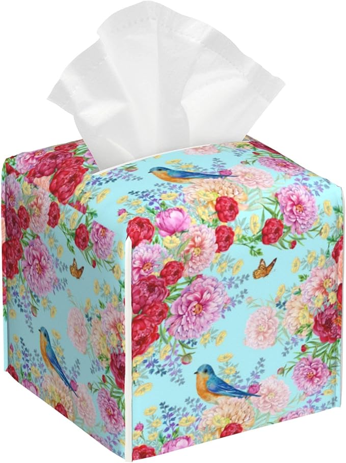 BLYKVGHQ Butterfly Square Tissue Box Cover Blue Bird and Peony Flower Tissue Box Holder Facial Cube Paper Dispenser Leather Decorative Organizer Home Office Desk Decor, 5.2"x5.2"x5.2"