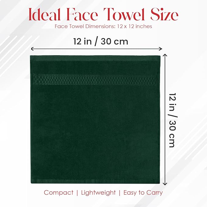 RIVERSIDE 12 Pack Premium 100% Cotton Face Wash Cloths, 12 x 12 Inches, Soft & Absorbent Face Towels for Bathroom Wash Clothes, 550 GSM, Luxury WashCloths for Showering, Body, Spa & Gym, Hunter Green