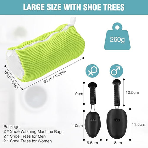 2 Pcs Shoe Washing Machine Bags with 4 Adjustable Shoe Trees, XXL Laundry Bags for Washer and Dryer, Sturdy Zipper with Hook Design, Reusable Cleaning Bag for Sneaker, Tennis (Green)