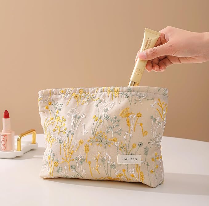 getgto 2 Pcs Makeup Bags, Large Cosmetic Bag Travel Toiletry Bag Organizer for Women, Embroidery Craft, Floral Makeup Bag Small Cosmetic Pouch Purse with Zipper Gifts for Girls Teen