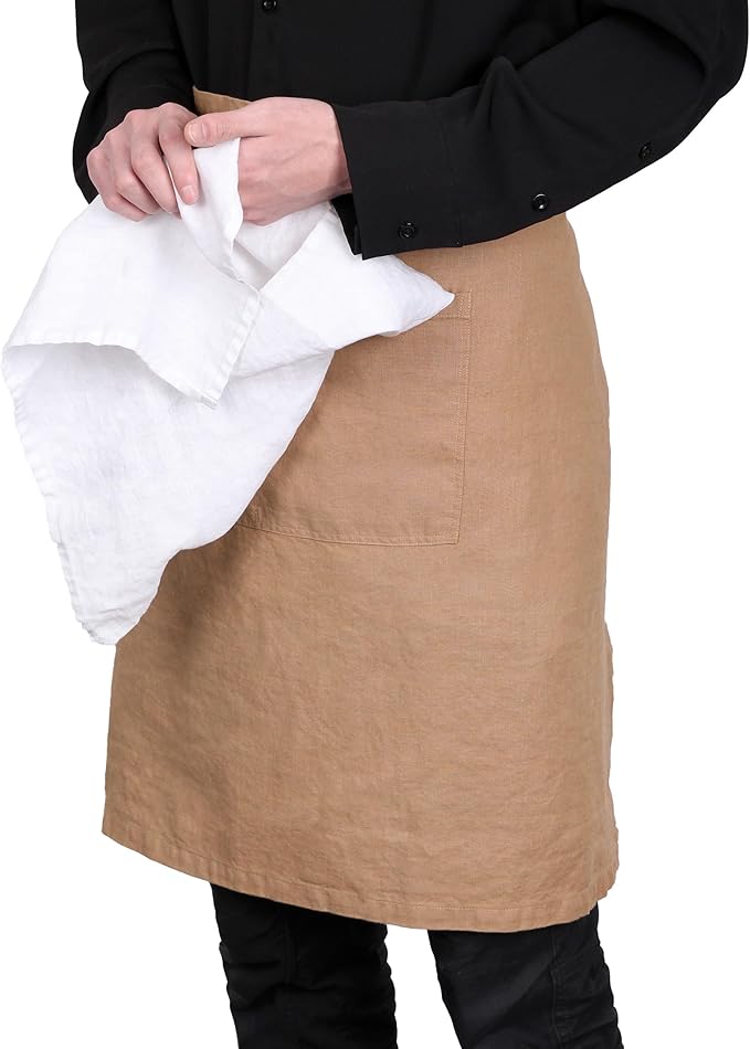 Pure Linen Bistro Half Apron - 25 x 35 Inch Unisex Waist Aprons with Large Pocket Ideal for Kitchen Crafts and More