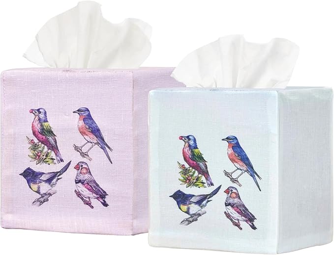EmbroideryLinen.VN Tissue Box Cover Set of 2, Square Linen Tissue Holder, Printed Animal Pattern, 4.5x4.5x5.5 Inches, Decorative Holder for Bathroom, Living Room, Office (Four Birds)