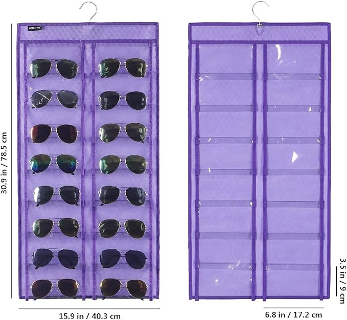 ANZORG Dual Sided Hanging Sunglasses Organizer Wall Eyeglass Holder Sunglass Rack for Home with 32 Dust Proof Pockets (32 Pockets-Purple)