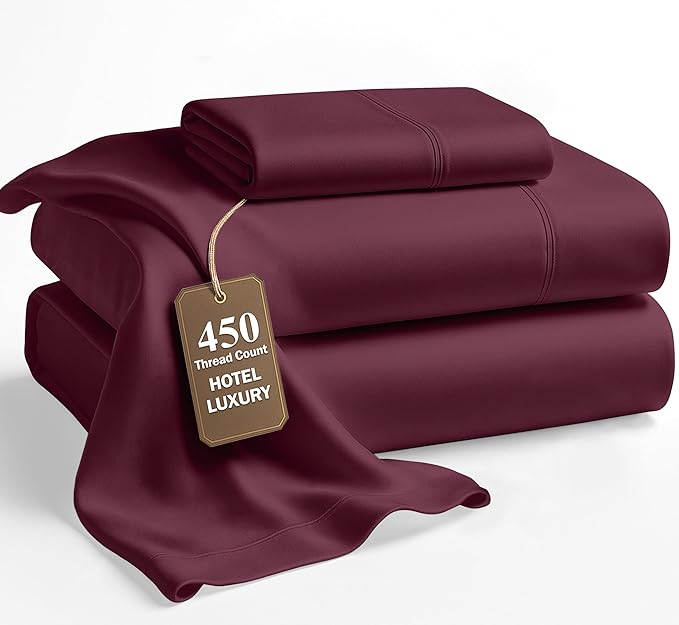 LANE LINEN 100% Cotton Twin Size Sheets Set - 3 Pieces - Ultra Soft Sateen Weave, 450 Thread Count - Breathable, Cooling, Durable, 15" Deep Pockets - Windsor Wine