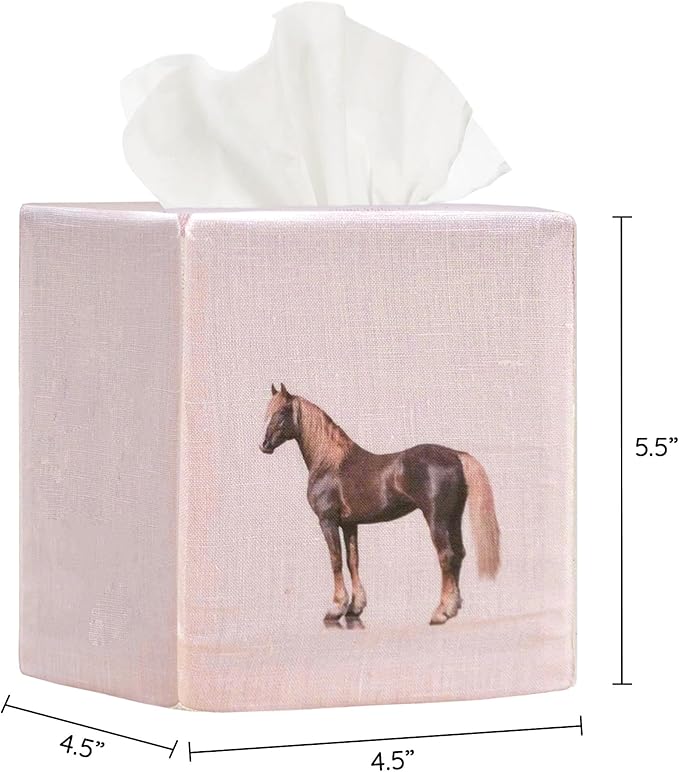 EmbroideryLinen.VN Tissue Box Cover Set of 2, Square Linen Tissue Holder, Printed Animal Pattern, 4.5x4.5x5.5 Inches, Decorative Holder for Bathroom, Living Room, Office (Horse - Ivory & Pink)