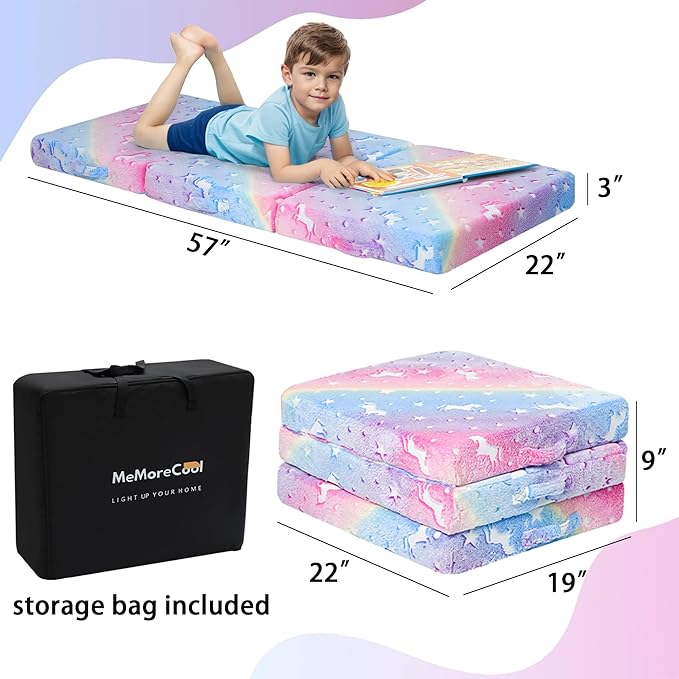 MeMoreCool Foldable Floor Mattress for Kids, Glow Star Trifold Mat, Kids Folding Mattress Portable Futon, 57x22 Inch Colorful
