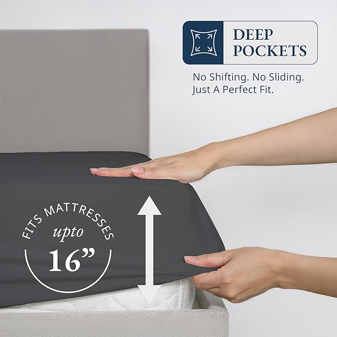 Lane Linen 100% Egyptian Cotton California King Size Fitted Sheet Only (72"x84" + 15") - Elegant Sateen Weave, Ultra Soft, Breathable, Highly Durable, Deep Pockets Upto 17" - Charcoal