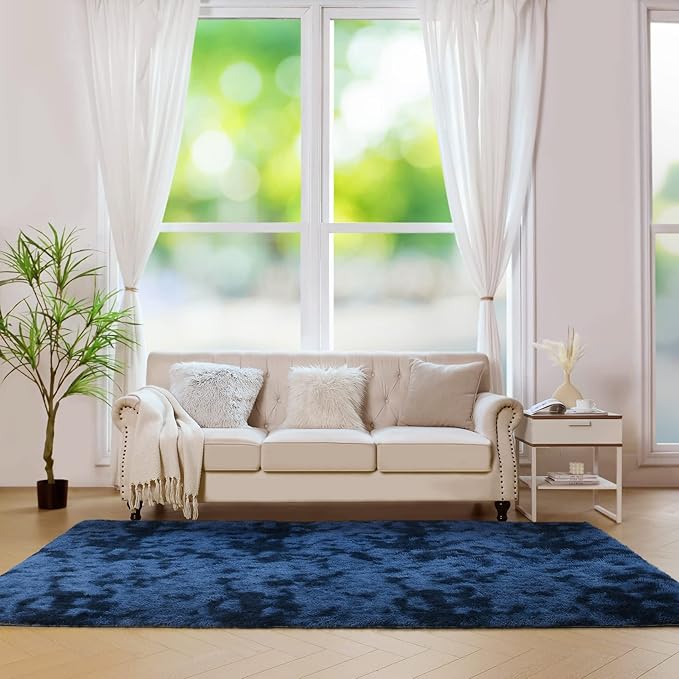 duduta Navy Blue Fluffy Bedroom Rug 3x5 ft, Tie-Dye Shag Plush Area Rug for Nursery Playroom Dorm Living Room Decor