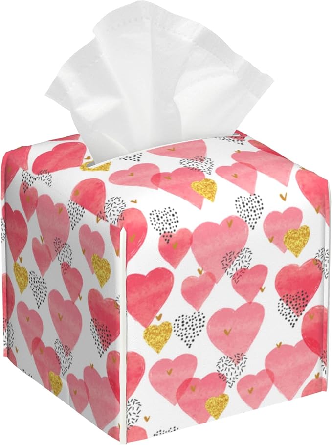 BLYKVGHQ Watercolor Pink Hearts Tissue Box Cover Square, Tissue Box Holder with Bottom Belt Leather Facial Paper Organizer Dispenser for Bathroom Bedroom Dresser Night Stand Tabletop