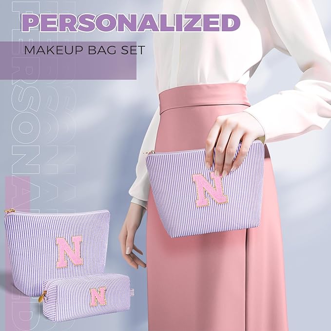 Btffitting Personalized Makeup Bag for Women Girls - Fashion Cosmetic Bag Trendy Travel Toiletry Bag with Initials Letter - Teen Gifts - Lavender,N
