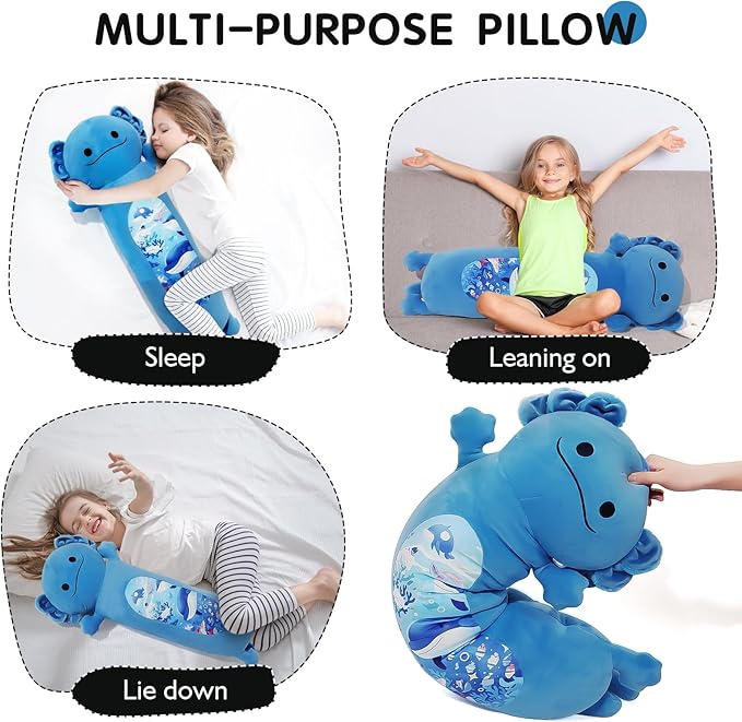 22” Long Axolotl Plush Body Pillow, Cute Blue Ocean Axolotl Stuffed Animals, Salamander Squishy Soft Plushies Toy, Gifts for Kids Girls and Boys, Birthdays, Halloween, Christmas ﻿