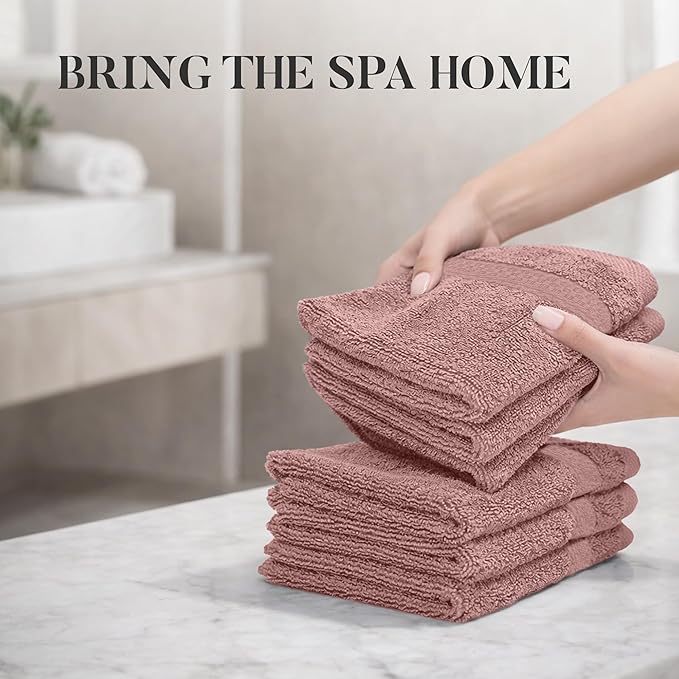 RIVERSIDE 12 Pack Premium 100% Cotton Face Wash Cloths, 12 x 12 Inches, Soft & Absorbent Face Towels for Bathroom Wash Clothes, 550 GSM, Luxury WashCloths for Showering, Body, Spa & Gym, Dusty Rose