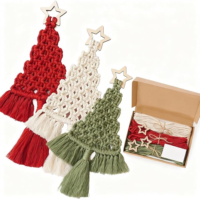 Macrame Kit for Beginners with Step by Step Video Tutorials DIY Christmas Tree Wall Hanging Craft Kit for Adults Kids Family Festive Holiday Activity Creative Boho Home Decor Unique Gift Idea (B)