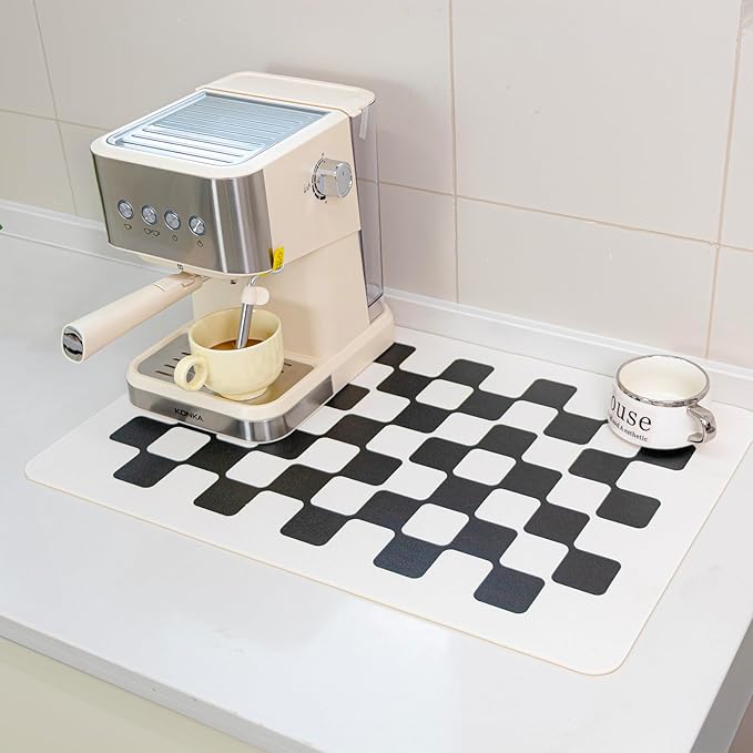 Checkered Drying Mat 24''x16'' Absorbent Pet Feeding Pad Large Coffee Bar Accessory for Kitchen Counter Bathroom Area,Black Checkered