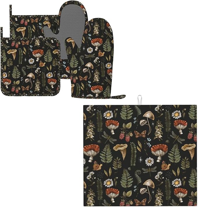 Mushroom Oven Mitts Pot Holders Set of 4 + Dish Drying Mat 16x18 Inch Vintage Magic Leaf for Kitchen