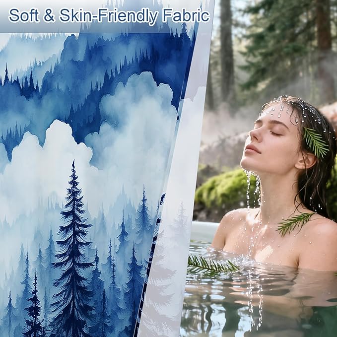 Litabel Navy Blue Long Misty Pine Forest Shower Curtain 72 x 78, Mountain Foggy Woodland Scenery Tree 78 Inch Long Shower Curtains for Bathroom, Abstract Waterproof Nature-Themed Decor