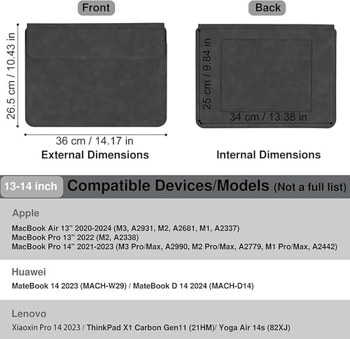 Allinside 13-14 Inch Laptop Sleeve Case for MacBook Pro 14" 2021-2024/MacBook Air 13" 2010-2017/MacBook Pro 13" 2010-2015, Waterproof Matte PU Leather Sleeve Cover with Stand & Accessory Pouch, Black