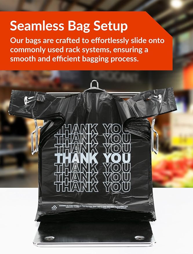 UMT Plastar 500 Count Thank You Plastic Bags, 12" x 6" x 22", 15 Mic Black Grocery Bags with Handles, Ideal for Restaurants, Retail, Grocery Stores, Takeout, Convenience Stores