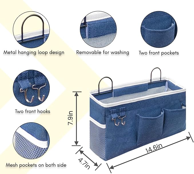 Kanrichu 3pcs Large Wall Hanging Organizer Bag, Linen Fabric Door Hanging Storage Baskets with Pockets, Waterproof Bin for Kitchen, Bedroom, Office, RV Camper (Blue)