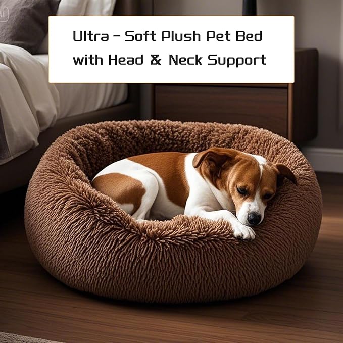 Comfort Donut Dog Bed - Ultra-Soft Pet Bed with Neck Support, 3 Sizes (Machine Washable) for Small/Medium/Large Dogs & Cats(Coffee,24''Lx24''Wx8''Th)