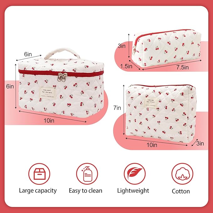 SXS LACONIC Quilted Makeup Bag,Large Cosmetics Bag Set,Cotton Coquette Floral Make up Pouch,Travel Toiletry Bag for Women