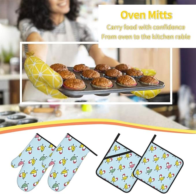 4 Pieces Flowers Oven Mitts and Pot Holder Set Floral Oven Gloves and Hot Pads Pot Holders for Farmhouse Kitchen Accessories and Decoration (Chicken)
