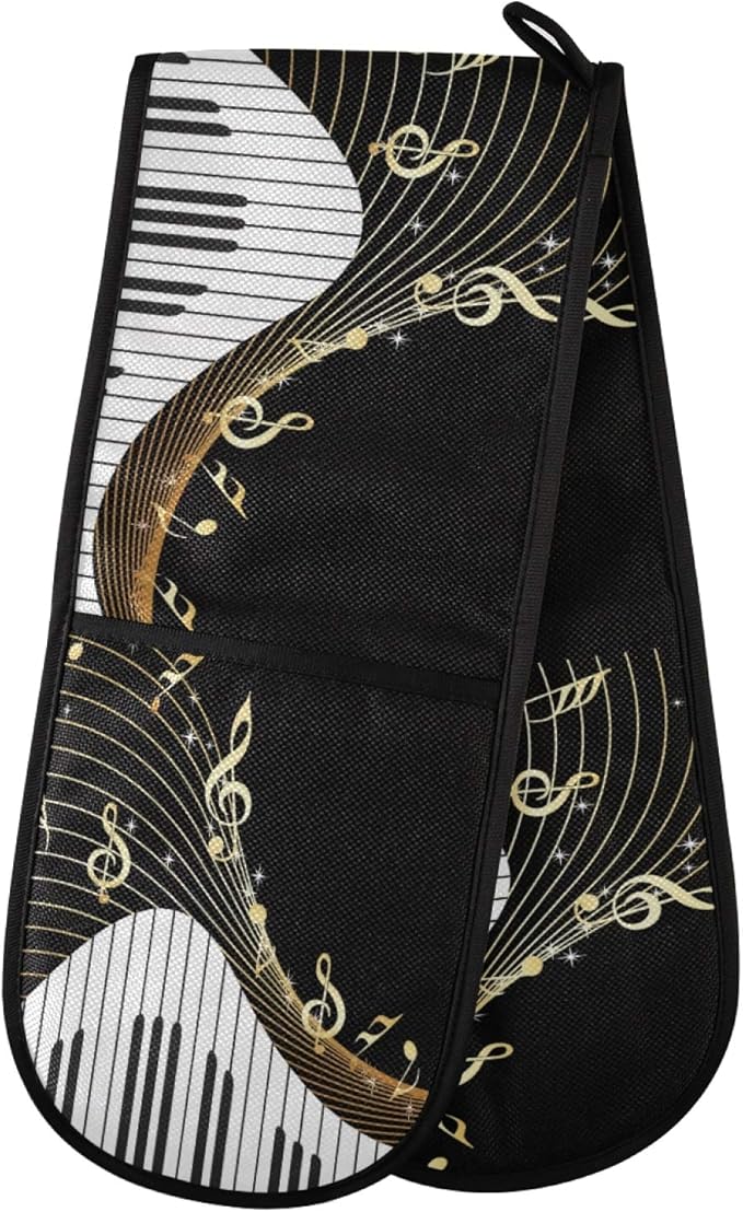 Long Double Oven Mitt for Baking Piano Keyboard Music Note Art Heat Resistant Quilted Double Oven Glove Potholder for Cooking Grilling Christmas, Washable