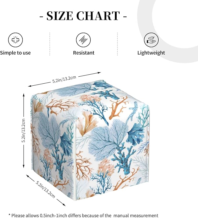 POIUBLE Tissue Box Holder Watercolor Blue Corals Tissue Box Cover Square Leather Tissue Holder Organizer Portable Decorative Facial Paper Case for Home Office Bathroom Vanity Countertop