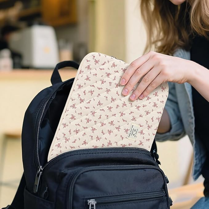 Puffy Laptop Sleeve 13-15.6 Inch Cute Quilted Laptop Protective Case Padded Floral Computer Sleeve for MacBook (A-Pink, 13 Inch)