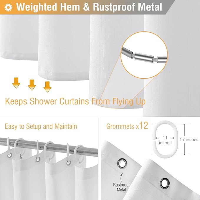 BTTN Extra Long Shower Curtain 72x96 inches, Tall Linen Textured Heavy Duty Fabric Shower Curtain Set with 12 Plastic Hooks, Large Classic Hotel Polyester Cloth Shower Curtains for Bathroom, White