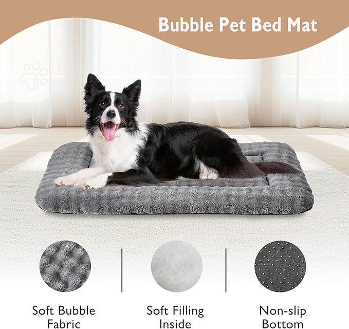 Yaning Dog Bed Mat Crate Pad for Large Dogs, Washable Soft Pet Sleeping Mat Kennel Pad with 3D Bubble Pattern, Grey, 36"x 23"