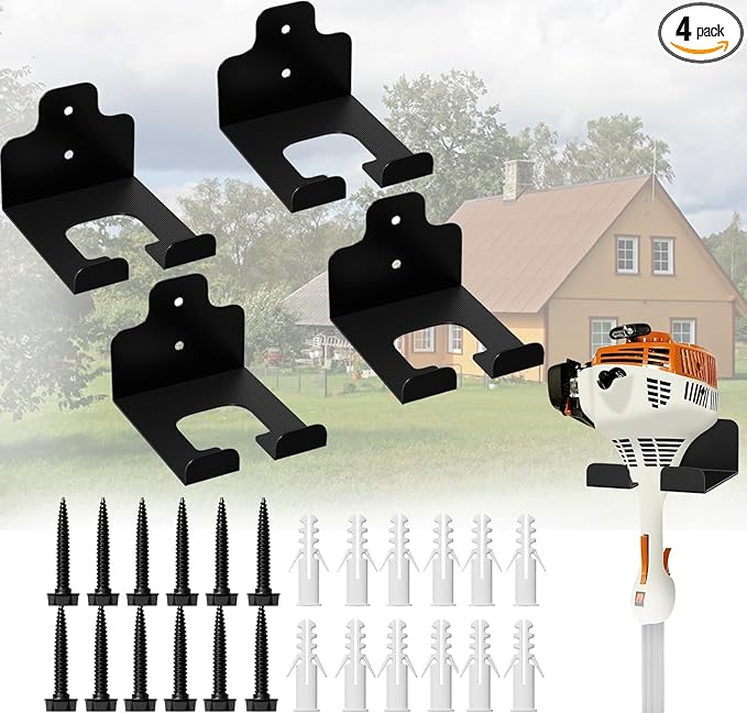 Aoutou 4PCS Garage Organizer Trimmer Rack, Wall Mounted Tool Hanger for Grass Trimmer, Hedge Trimmer, Weed Whackers & Garden Tools – Heavy Duty, Space-Saving, Anti-Rust Storage Rack for Garage & Home