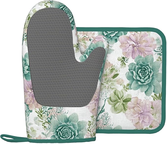 Oven Mitts and Potholders Green Succulents Silicone Glove Heat Resistant, Kitchen Gloves for Cooking, 2-Piece Set