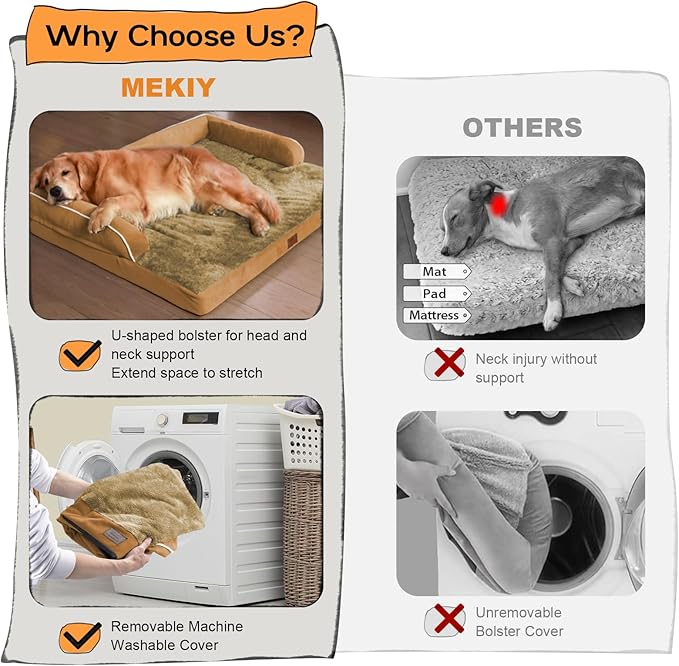 Large Dog Bed Orthopedic Washable, Orthopedic Dog Beds for Large Dogs with Washable Cover, Removable Bolster and Non-Slip Bottom Orange Pet Beds, XL XLarge Extra Large Dogs