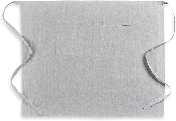 Solino Home Linen Bistro Server Apron - Extra long ties with Pockets - 100% Pure Linen Midi Half Apron for Men and Women