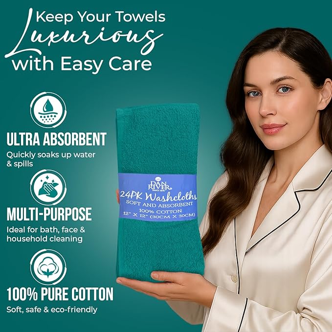 DAN RIVER 24 Pack Wash Cloths for Showering [12x12] - 100% Cotton Washcloths Premium Quality Flannel Face Cloths for Bathroom, Highly Absorbent and Soft Feel Wash Clothes, Teal